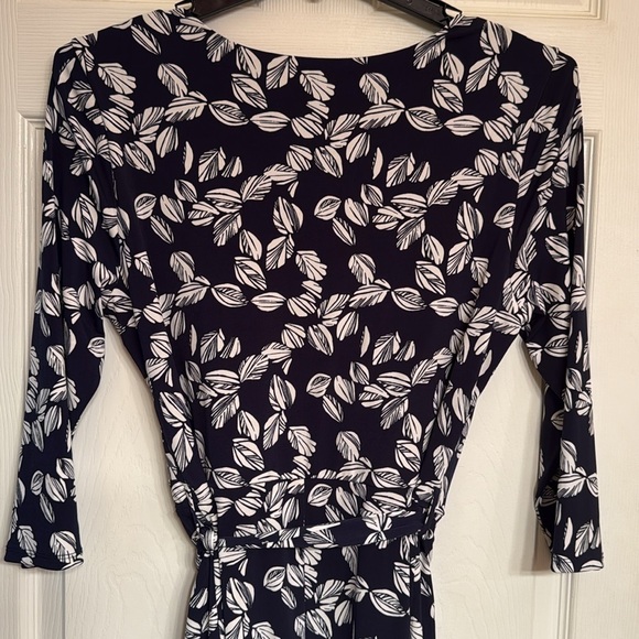 Leaf Print Navy Wrap Dress Fall Autumn Staple Work Business Office - Picture 5 of 6